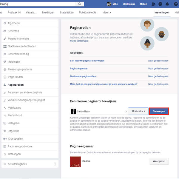 Toevoegen beheerder Facebook