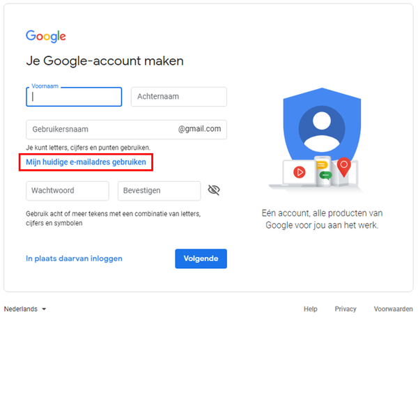 nieuw of bestaand e-mailadres voor Google Account