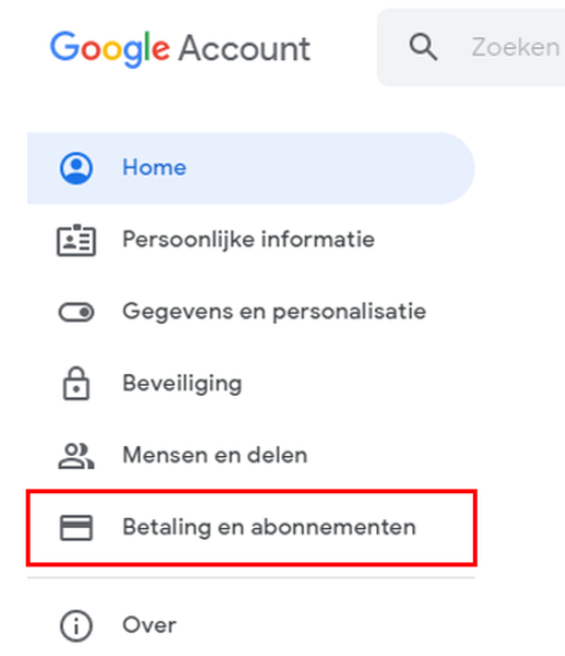 Stap 5 Klik op betaling en abonnementen